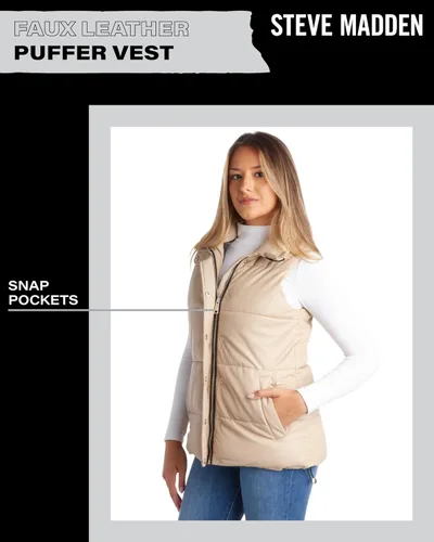 Vista 5 de Steve Madden Chaleco para mujer Chaleco de invierno acolchado de piel sintética para mujer Chaqueta acolchada sin mangas (S-XL)