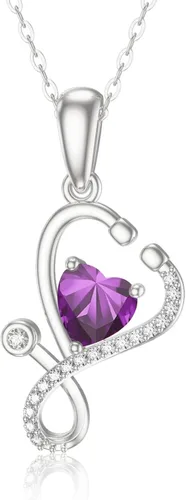 Yafeeso Collar de enfermera para mujer, collar de estetoscopio de plata de ley, collar de piedra natal, regalos de joyería para enfermeras,