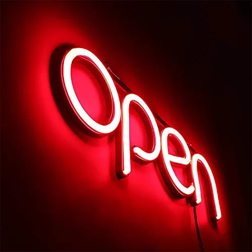 Vista 11 de Letreros LED para negocios, texto en inglés «open» (abierto), 16 x 6 pulgadas, pantalla brillante de neón para interiores, con modos intermitentes