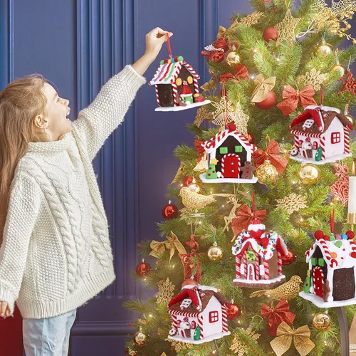 Vista 7 de Funtery 6 piezas Adornos de casa de pan de jengibre para árbol de Navidad, decoración navideña de pan de jengibre con cuerda, adornos navideños