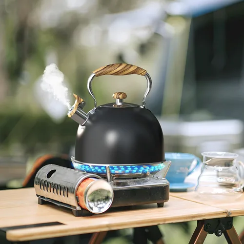 Vista 10 de Tetera silbante de 2.6 cuartos de galón para estufa, acero inoxidable de grado alimenticio con mango de madera fría, compatible con inducción