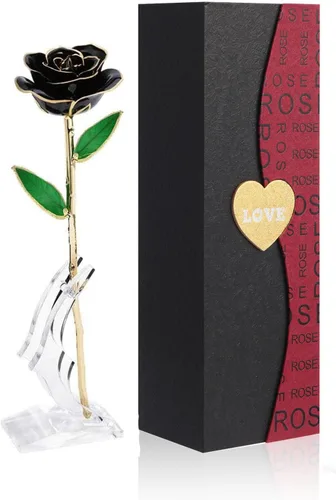 Rosa negra bañada en oro de 24 quilates, flores artificiales de tallo largo para decoración, rosas con soporte transparente y caja de regalo, regalo