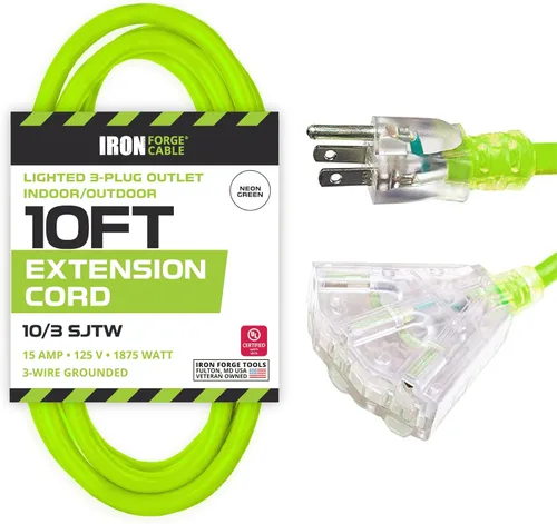 Vista 23 de Iron Forge Cable 3 ft Lighted 10 Gauge Extension Cord 3 Outlets - Heavy Duty Extension Cord Outdoor with Multiple Outlets 15 AMP, 10/3 Black Power