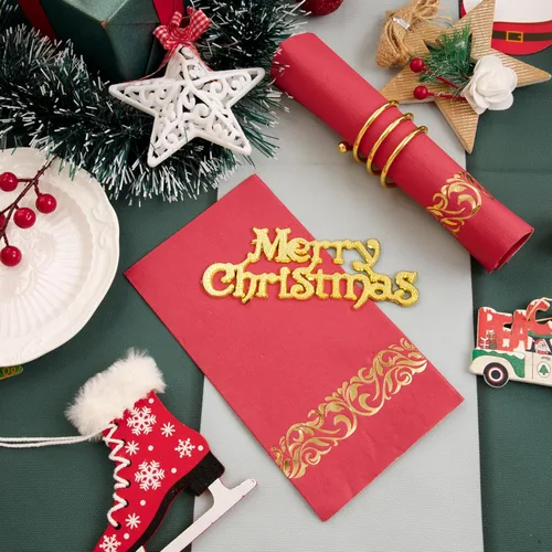Vista 4 de WDF Paquete de 150 servilletas de papel desechables de Navidad, servilletas de 3 capas rojas con borde dorado, servilletas desechables de alta