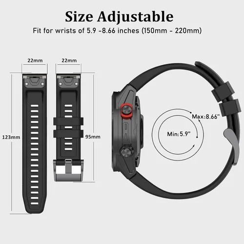 Vista 4 de Correa de silicona de 0.866 in compatible con Garmin Fenix 7 Pro, correas de silicona de fácil ajuste para Fenix 5 Plus Fenix 6 Pro Descent G1
