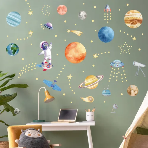 Vista 5 de Calcomanías de pared del sistema solar de acuarela, estrellas que brillan en la oscuridad, pegatinas de planetas para niños para el techo