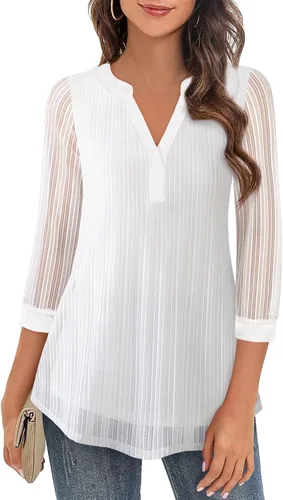 Vista 2 de Timeson Blusas de manga 34 para mujer, estilo casual, cuello en V, camisas de vestir de doble capa, túnicas de malla