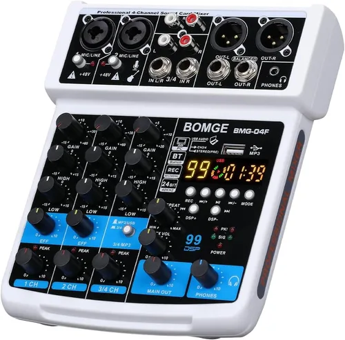 Vista 8 de BOMGE Interfaz de mezclador de sonido de audio mini DJ de 4 canales con MP3, USB, Bluetooth, grabación estéreo, alimentación fantasma de 48 V, 99