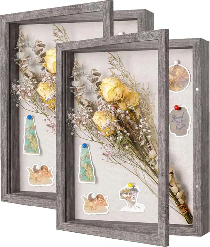 Vista 13 de Paquete de 2 marcos de caja de sombra de 8 x 10 pulgadas con parte trasera de lino, vitrina rústica resistente de memoria de flores, imágenes, Gris