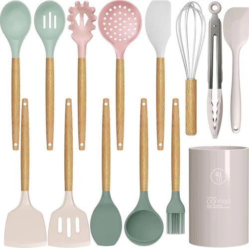 Vista 13 de Juego de utensilios de cocina de silicona, juego de utensilios de cocina de silicona resistente al calor de 446 °F, asas de madera, utensilios