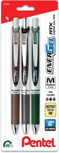 Pentel EnerGel RTX - Bolígrafo de gel líquido retráctil, 0.7mm, tinta en tonos camuflaje, sepia, negro y verde bosque, paquete de 3 bolígrafos