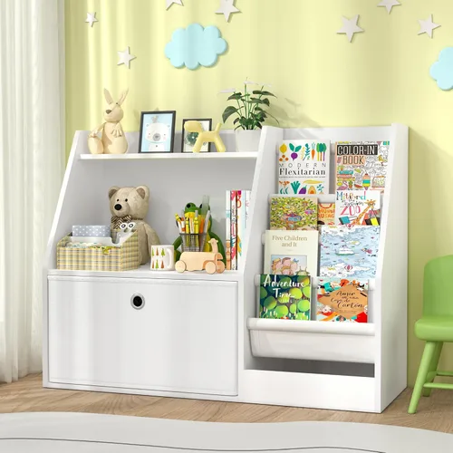 Vista 13 de TOETOL Estantería para niños y almacenamiento de libros, estante de libros de madera con 4 compartimentos tipo bandolera para niños pequeños