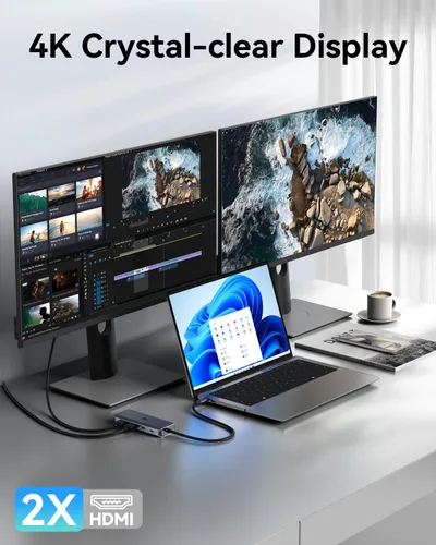 Vista 8 de LIONWEI Estación de acoplamiento para laptop 9 en 1, HDMI dual, 100 W PD, USB C 3.0, Ethernet, audio/micrófono, concentrador USB C para portátiles
