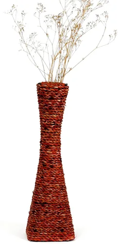 Vista 9 de Leewadee Jarrón grande de mimbre para piso, hecho a mano, hecho de bambú y basta, sofisticado embudo para ramas decorativas, 16 pulgadas, marrón