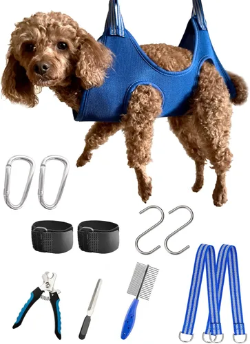 Vista 20 de Kkiimatt Arnés de hamaca 10 en 1 para aseo de perros con cortaúñas, hamaca para recortar uñas para mascotas, soporte para colgar en el aseo para Azul