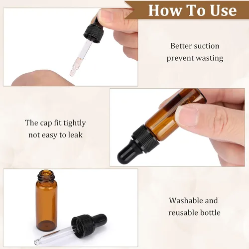 Vista 4 de Bokon 100 piezas de botellas de vidrio con cuentagotas, mini botellas cuentagotas de aceite esencial, frascos de muestra vacíos con tapa negra