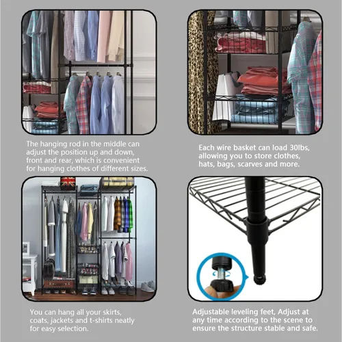 Vista 5 de Xiofio Perchero resistente de 6 niveles con varillas para colgar, estante de metal para ropa, estantes ajustables y 2 cestas de almacenamiento Negro