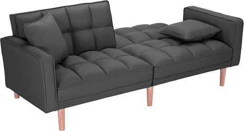 Vista 27 de Sofá cama tipo futón convertible, moderno sofá cama plegable tapizado de lino con dos almohadas, sofá cama de 75 pulgadas para sala de estar