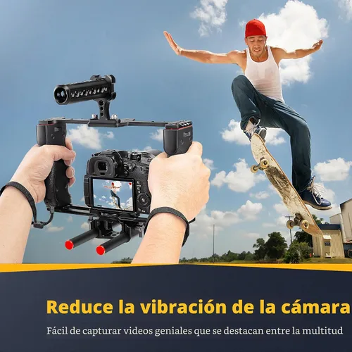 Vista 3 de Zeadio Kit de aparejo de video todo en uno, jaula de cámara de mano de aluminio con luz de video RGB, micrófono, mango superior, guía de varilla