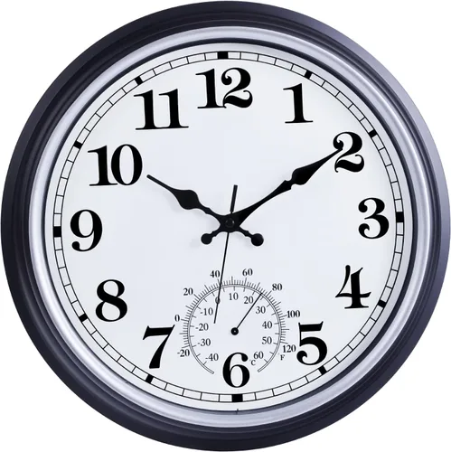 Reloj grande de 16 pulgadas para exteriores, reloj retro impermeable para interiores y exteriores, reloj sin tictac con termómetro, reloj de pared a