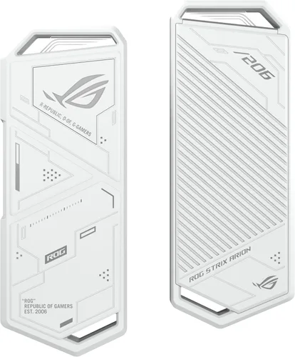 Vista 8 de ASUS ROG Strix Arion White M.2 NVMe SSD, carcasa USB 3.2 Gen 2x1 tipo C (10Gbps), doble USB-C a C y USB-C a A, sin destornillador, almohadillas