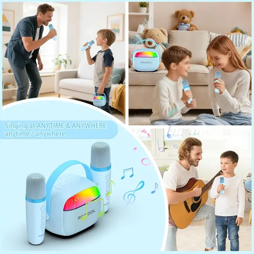 Vista 6 de Máquina de karaoke para niños con 2 micrófonos inalámbricos, mini altavoz Bluetooth RGB portátil, juguetes de regalo de cumpleaños para niños de 3