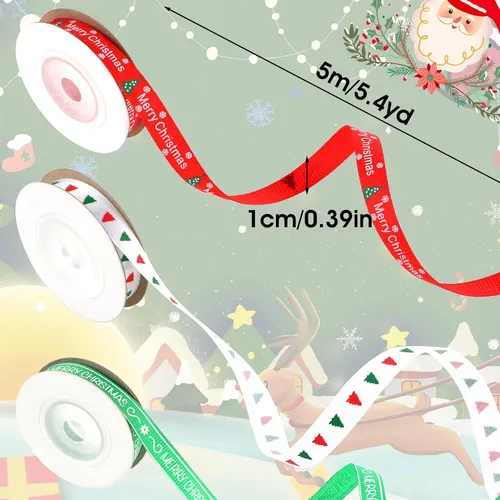 Vista 2 de 6 rollos de cinta de Navidad 3/8 de cinta de Navidad impresa de grogrén de Navidad, juego de cintas de envoltura de regalos navideños, cinta de copo