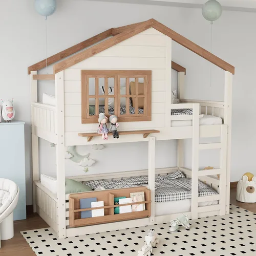 Vista 4 de Cama de casa de tamaño individual con elegantes ventanas y estantería, litera con diseño de castillo de madera con barandillas de seguridad