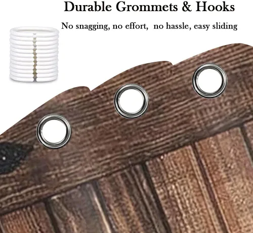 Vista 5 de Cortina de ducha de puerta de granero rústica de tamaño pequeño para baño, juegos de cortinas de decoración de baño de tablones de madera retro