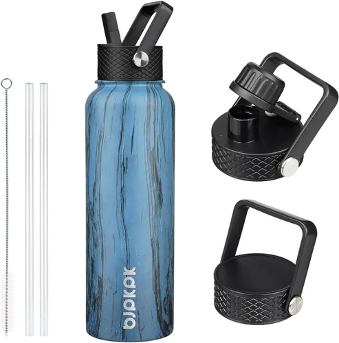 Vista 10 de BJPKPK - Botellas de agua aisladas con tapa de popote, botellas de agua de acero inoxidable de 40 onzas con 3 tapas, termo a prueba de fugas sin