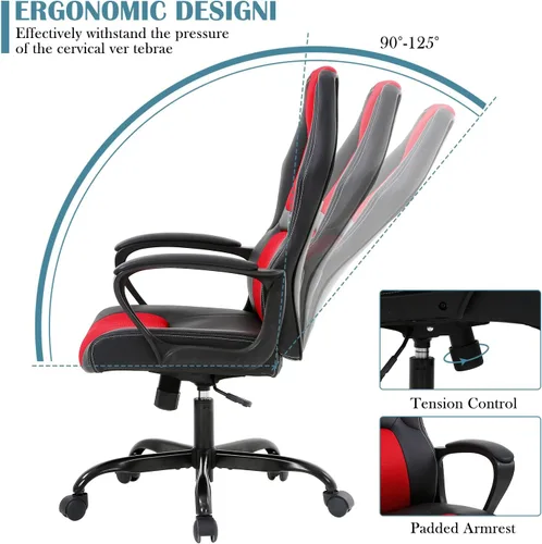 Vista 6 de Sillas de videojuegos para computadora, respaldo alto, ergonómica, de cuero, con soporte lumbar y reposacabezas, silla de escritorio ejecutiva