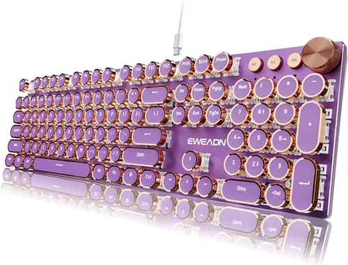 EWEADN - Teclado mecánico estilo máquina de escribir, teclados de máquina de escribir con cable, teclados de metal LED retroiluminados, perilla de