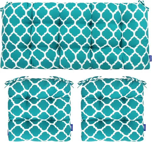 Vista 14 de Cojines de mimbre copetudos de 3 piezas para muebles de patio, cojines de mimbre para sillas de exterior con lazos, cojines de mimbre repelentes al