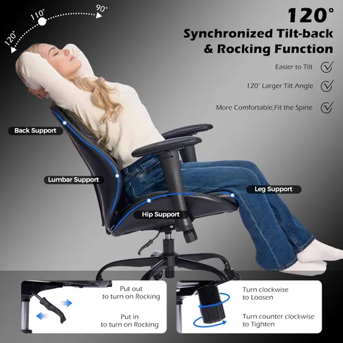 Vista 5 de BEWISHOME Silla de oficina con ruedas de goma, silla de oficina grande y alta, sillas de oficina ergonómicas, silla de escritorio ejecutiva, sillas