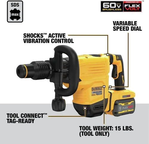 Vista 8 de DEWALT 60V MAX 15 lb. Kit de martillo astillador inalámbrico SDS Max con batería FLEXVOLT de 9Ah y cargador incluido (DCH832X1)