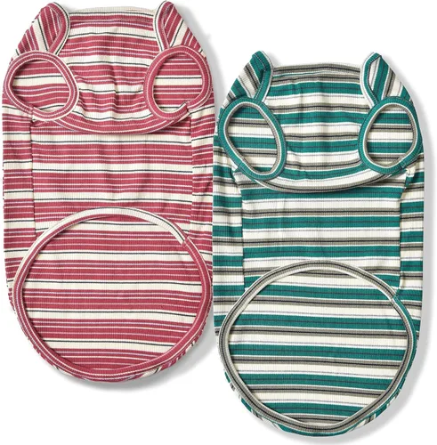 Vista 8 de Camisas para perros, chaleco de algodón a rayas, ropa elástica sin mangas para perros pequeños, paquete de 2 camisetas suaves y transpirables