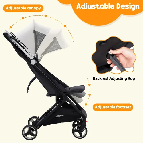 Vista 6 de GAOMON Cochecito ligero, compacto con una sola mano plegable para avión, asiento reclinable y toldo Gris