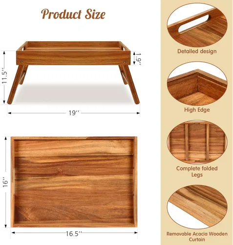 Vista 3 de Tatuo Bandeja de mesa de acacia de 3 piezas de 11.5 pulgadas de altura para computadora portátil, bandeja de desayuno de madera para servir