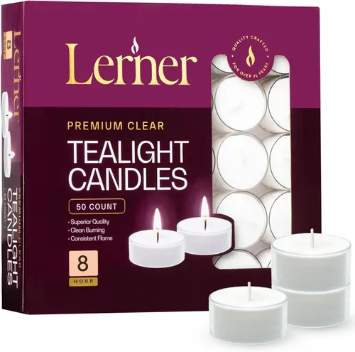 Vista 10 de Lerner - Velas de té en tazas transparentes, 50 unidades, velas de té blanco de 6 horas de combustión prolongada, velas calentadoras de té