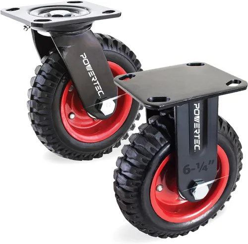 POWERTEC Juego de ruedas giratorias de 6 pulgadas de 2 (1 giratoria y 1 fija), ruedas de alta resistencia con goma de tracción antideslizante para
