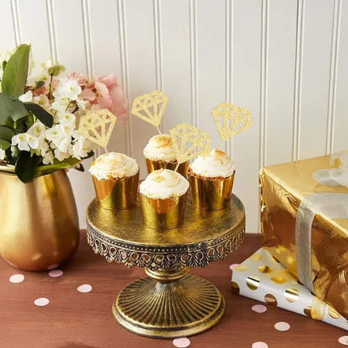 Vista 9 de 24 piezas de anillos de diamantes para cupcakes, anillos de boda con purpurina dorada para boda, compromiso, aniversario, fiesta de San Valentín