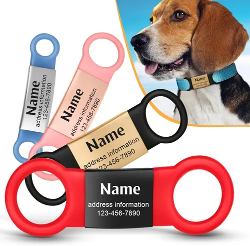 Etiquetas silenciosas deslizables para perros grabadas para mascotas, etiquetas de identificación de acero inoxidable de silicona personalizadas