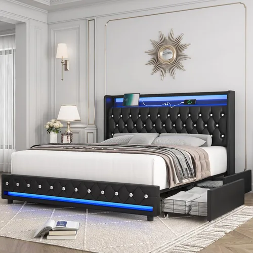 Vista 10 de HIFIT Marco de cama matrimonial LED completo con estación de carga y 4 cajones de almacenamiento, cama plataforma tapizada en terciopelo