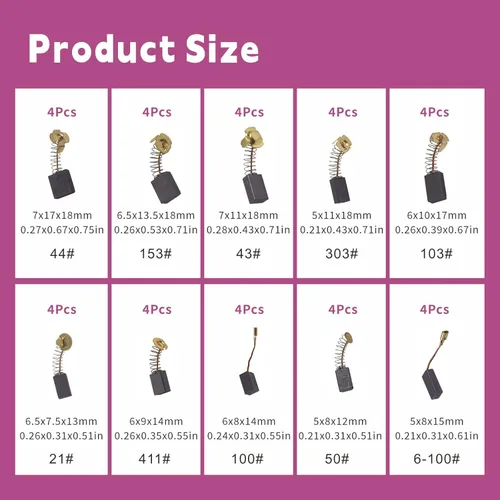 Vista 2 de Cepillos de Carbono para Motor Eléctrico 40Pcs 10 Modelos Diferentes de Cepillos de Carbono Adecuados para el Mantenimiento de Motores con Cepillos