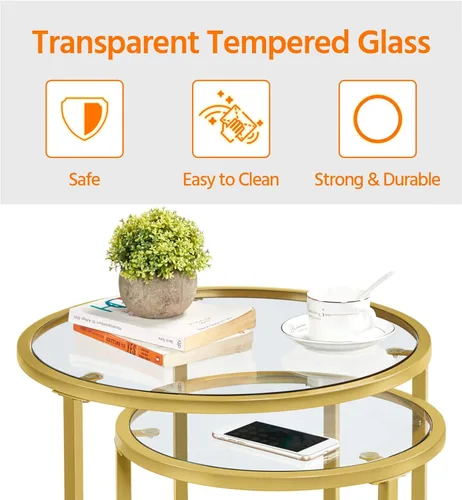 Vista 8 de Topeakmart Mesas auxiliares anidables, mesa auxiliar de decoración moderna, juego de 2 para sala de estar con superficie de vidrio templado