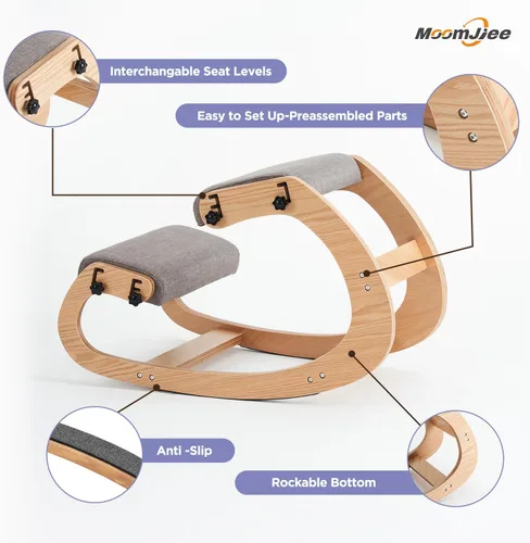 Vista 5 de Silla ergonómica, mecedora ajustable para oficina en casa, silla de oficina de madera para aliviar el dolor de espalda, gris