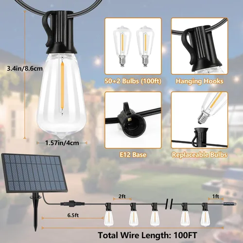 Vista 9 de 100 pies de luces de cadena solar para exteriores con control remoto, luces LED recargables por USB para patio con 52 bombillas ST38 Edison