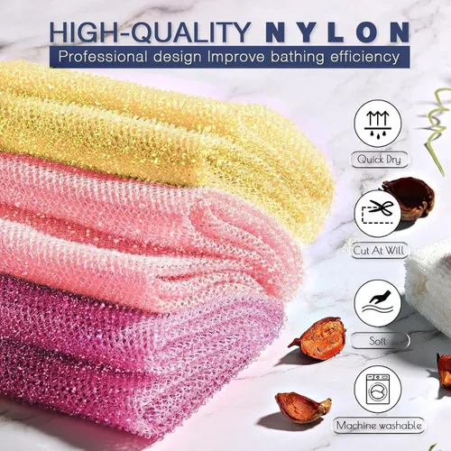 Vista 4 de Juego de ducha exfoliante de 3 piezas de red africana de estilo brillante, esponjas de baño largas para una piel suave y refrescada, el exterior
