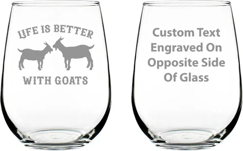 Custom Life Is Better With Goats - Personalized Stemless Wine Glass - Funny Farm Animal Themed Decor and Gifts - Large 17 Ounce - Customized Wine