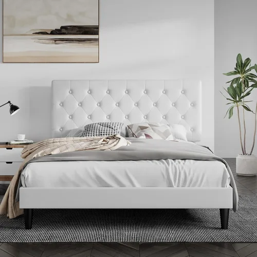 Vista 11 de SHA CERLIN Base de cama de plataforma tamaño Queen con cabecera capitoné con botones, base de colchón tapizada de piel sintética, soporte de Negro